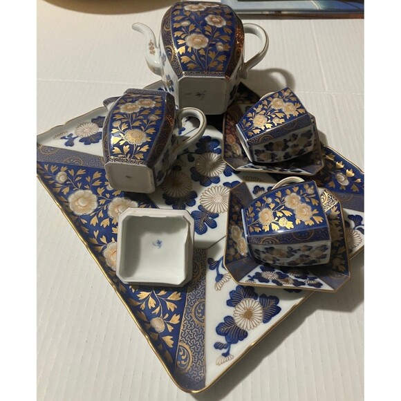Antique 7 Piece Fukagawa Koransha Cobalt Blue and Gold Gilt Tea Set W Platter - Picture 13 of 15